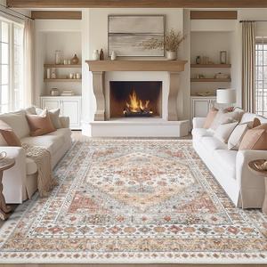 zesthome 7x9 Area Rug, Super Soft Washable Rugs for Living Room, Non-Slip Stain Resistant Vintage Rugs, Ultra-Thin Large Area Rugs (Orange,7'x9') (7' x 9' (Rectangular))