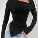 Women's Long Sleeve Asymmetrical Tops Notched Neck T Shirt Slim Fit Elegant Tee (Black, L)