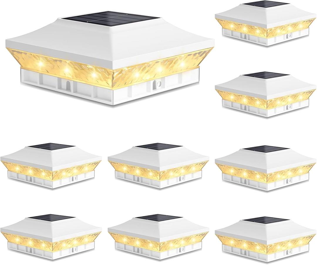 Brightever 3.5x3.5 4x4 Solar Post Cap Lights Outdoor, 8-Pack Solar Fence Post Lights for Wooden/Vinyl Posts, 2 Modes (Warm/Cool White), Solar Powered Waterproof Deck Post Lights for Patio Porch, White