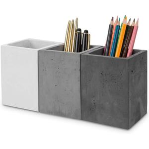 MyGift Pen Holder Pencil Holder For Desk, Pen Cup Holder For Desk, Concrete Desktop Pencil Cup, Modern Gray-Tone, Set of 3 (White-Gray-Black)