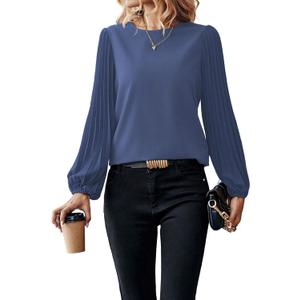 Samefar Womens Pleated Lantern Sleeve Lace Tops Dressy Casual Crewneck Fall Loose Fit Business Work Chiffon Blouses (Blue, S)