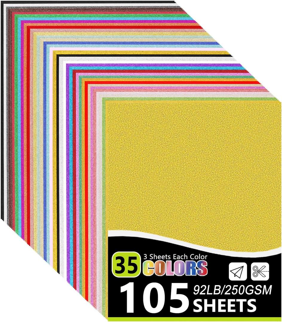 OcePor Glitter Cardstock, 105 Sheets in 35 Colors Cardstock, Glitter Paper for Cricut, Crafts and DIY, 8.5x11Shimmer for Birthday, Wedding Party Decor(92 lb/250 gsm)