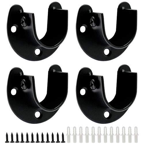 Suiwotin 4PCS Heavy Duty Stainless Steel Closet Rod Bracket - 1 Inch Diameter U Shaped Socket Flange Holder End Supports, Black