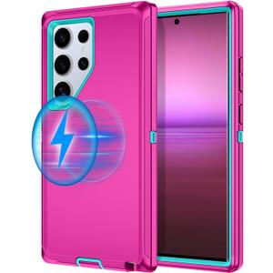 I-HONVA for Samsung Galaxy S24 Ultra Case [Compatible with MagSafe] Shockproof 3-Layer Full Body Protection [Without Screen Protector] Rugged Heavy Duty Cover Case for Galaxy S24 Ultra,Rose Red/Green