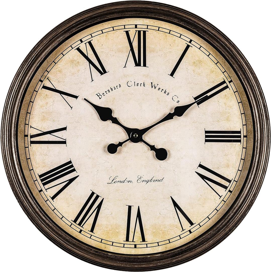 Bernhard Products Large Decorative Wall Clock 20 Inch Silent Non Ticking Battery Operated Quartz Vintage Stylish with Rustic Dark Brown Rim for Home Living/Dining Room Kitchen & Over Fireplace, Rustic Brown