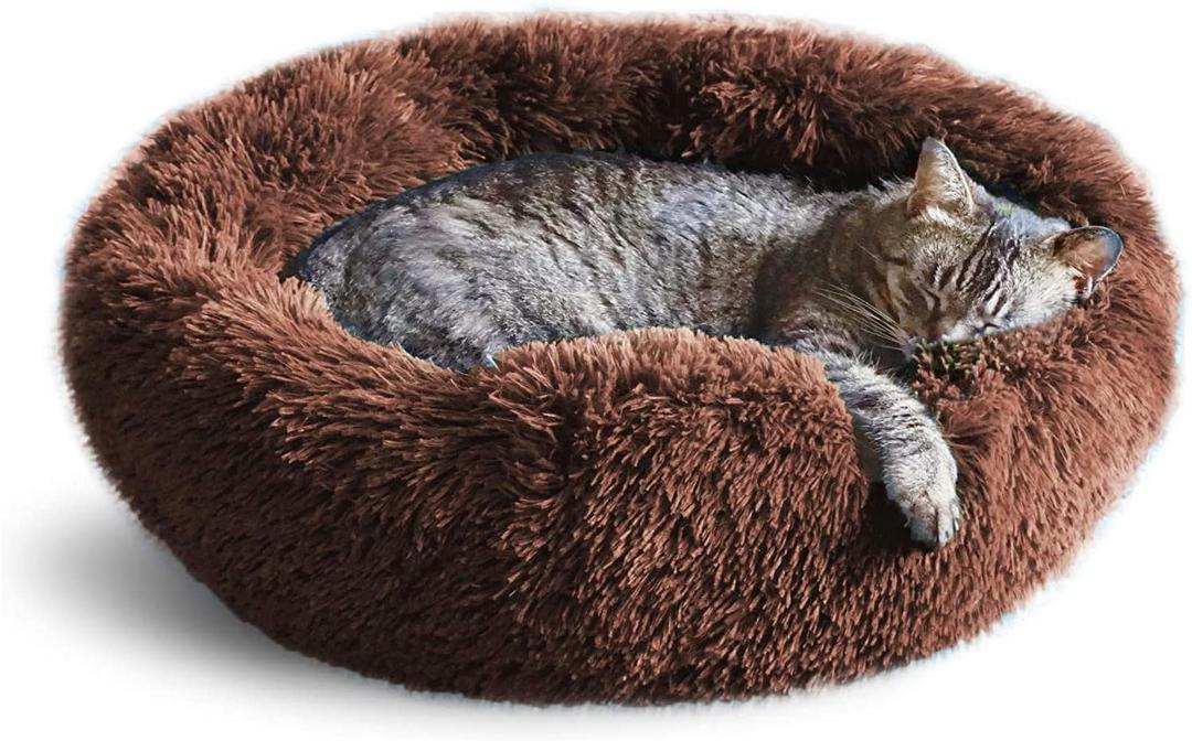 Whiskers & Friends Cat Bed, Cat Beds for Indoor Cats Washable, Orthopedic Soft Fluffy Round Calming Pet Bed for Small to Large Kitty Kittens & Dogs, Small Dog Beds & Furniture (23.00" x 23.00" x 7.00", Chocolate Brown)