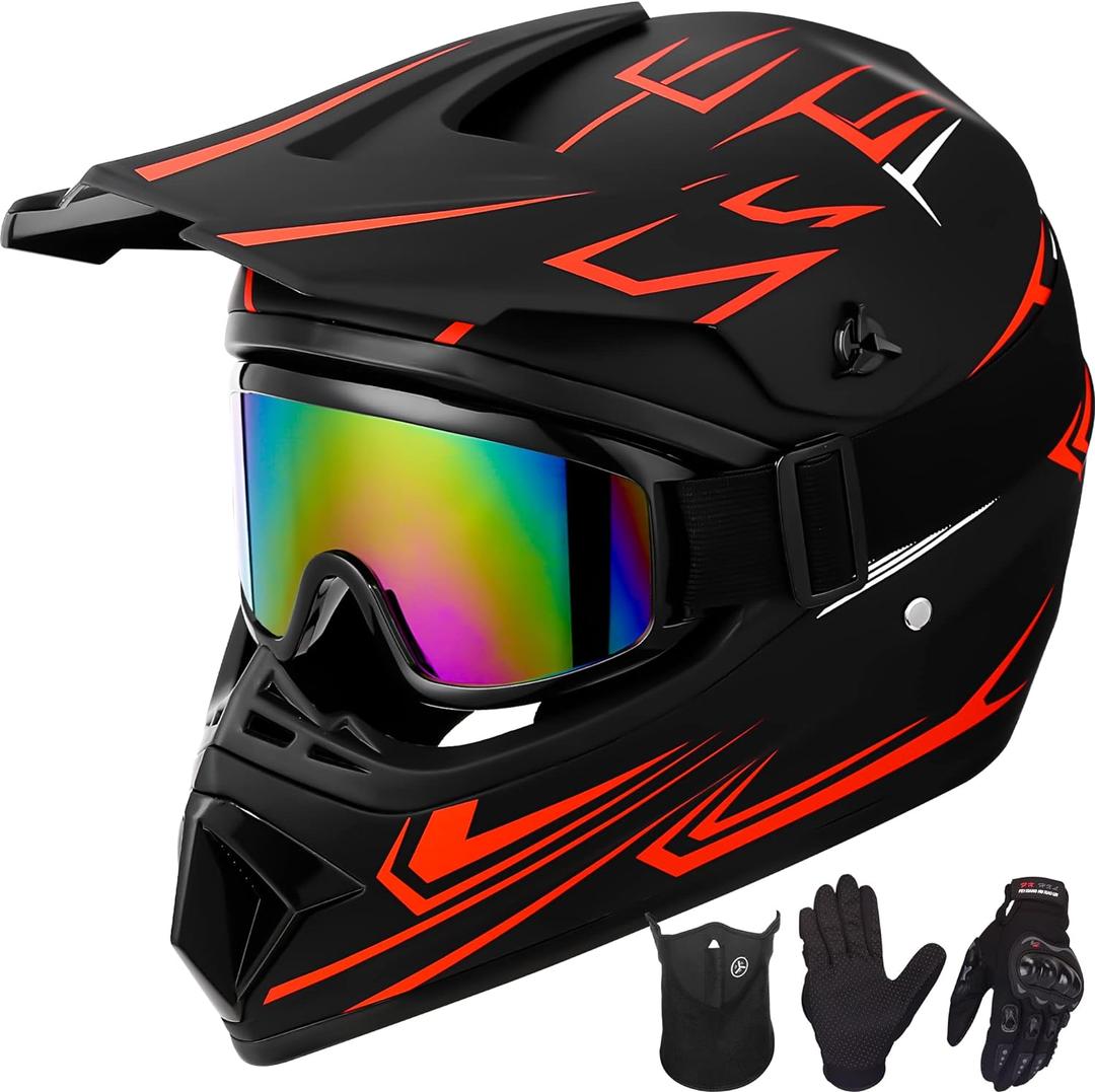 Youth Kids Motocross Helmet Motorcycle Dirt Bike Off-Road Mountain Bike BMX MX ATV Helmet with(Gloves Goggles Mask) 4Pcs Set - DOT Approved(Red,M)