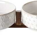 LE TAUCI Dog Bowl Set with Acacia Wood Stand - 1.5-Cup Ceramic Puppy Bowls for Small Dogs, Dual Food and Water Bowls with Weighted Non-Slip Base