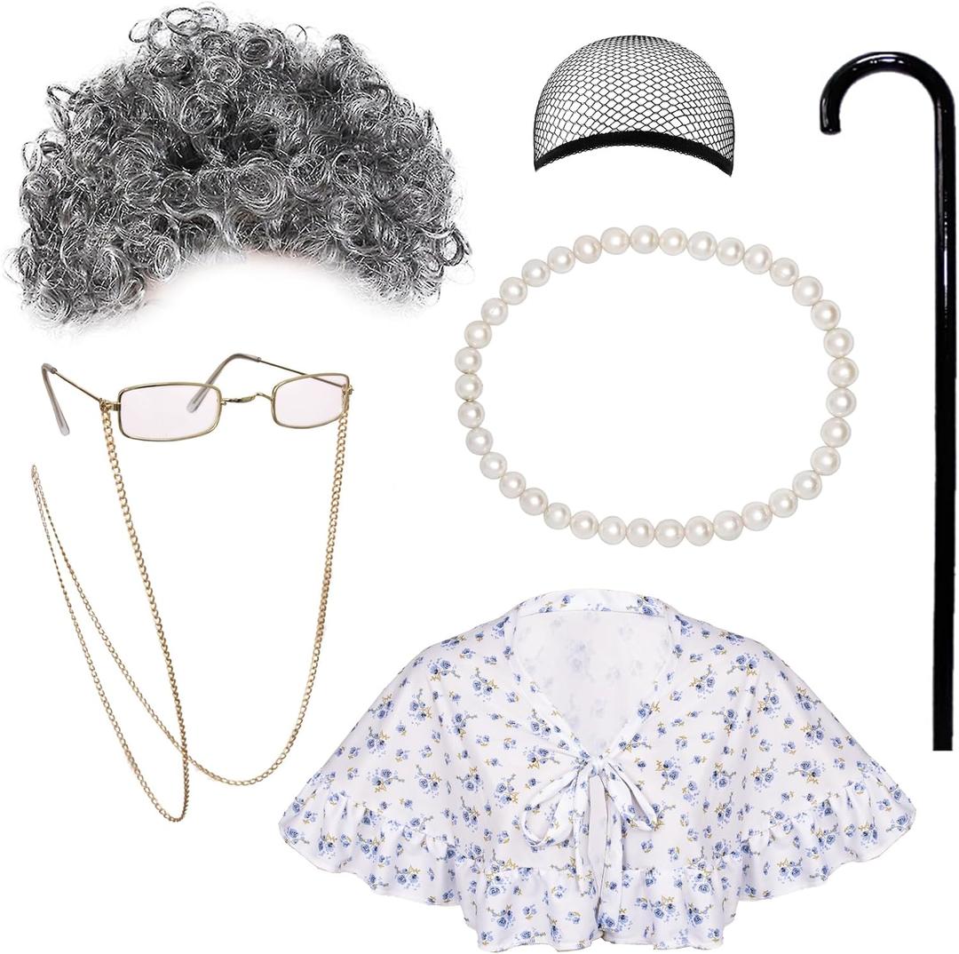 Tigerdoe Old Lady Costume - Granny Wig - Grandma Dress Up - Grandmother Costume - Grandma Cane - 6 pc set