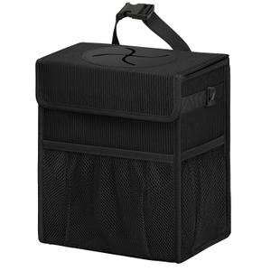 Corduroy Car Trash Can with Lid and Mesh Pockets - Leakproof Organizer,Multipurpose Waterproof Garbage Can/Trash Bin for Car(Black-2 Gallons) (Medium)