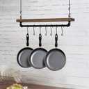 MyGift 30 Inch Ceiling or Wall Mounted Pot Rack with Rustic Brown Solid Wood Shelf and Industrial Matte Black Metal Pipe, Hanging Cookware Utensils Organizer with 8 S-Hooks