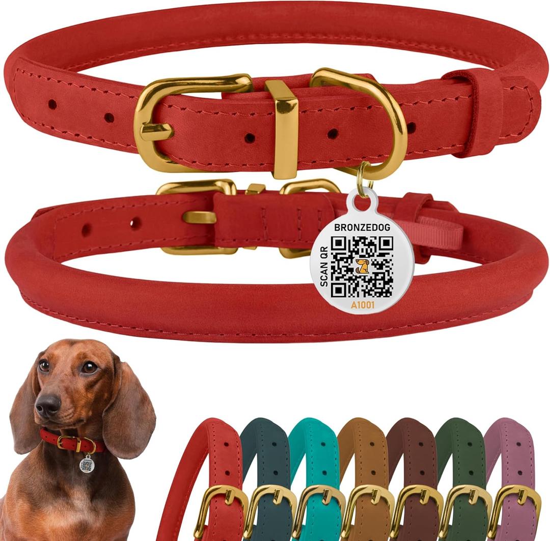 BronzeDog Rolled Leather Dog Collar with QR ID Tag, Adjustable Soft Round Collars for Small Medium Large Dogs Puppy (16" - 19" Neck Size, Classic Red)