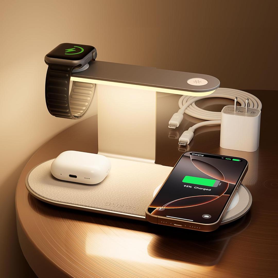 GUSGU 3 in 1 Charging Station with Three-Level Night Light, 15W Max Fast Charging, Wireless Charger for iPhone 15/14/13/12, iWatch S1-8/Ultra, AirPods (30W USB-C Charger Included), White