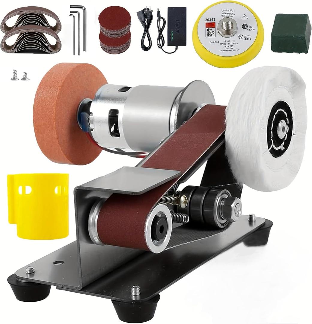 Mini Belt Sander, Electric Power Bench Belt Grinder, Adjustable Speed Electric Grinding Sanding Machine,Low Noise Cutter Sharpener Sander, Polishing Grinding Machine for Metal Jewelry