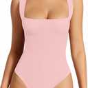MANGOPOP Women's Square Neck Long Sleeve Tank Top Bodysuit Sexy Double Lined Sleeveless Thong Body Suits Going Out Tops, Blushing Bride 