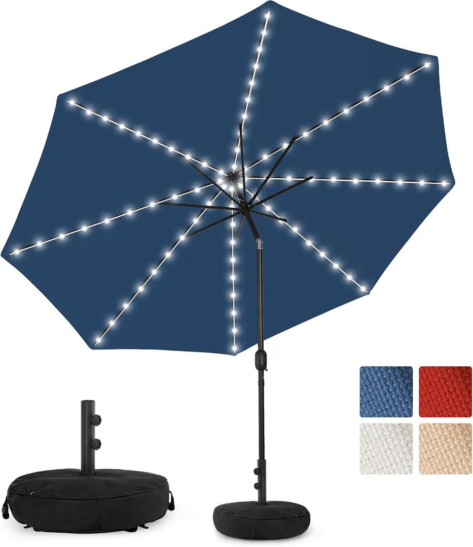 Sundale Outdoor Olefin 5-Year-Non-Fading Solar 80 LED 9 FT Solar Patio Umbrella with Sand Bag Base, Outdoor Umbrella with Tilt and Crank, Navy