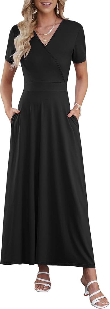 AUSELILY Maxi Dresses for Women Ankle Length Floral Print Beach Long Flowy Dress with Pockets (01-black) XL