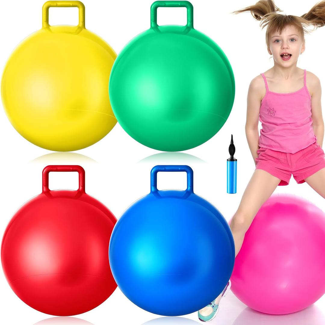 Lewtemi 4 Pcs 22 Inch Hopper Ball Carnival Outdoor Games Jumping Hopping Inflatable Bouncing Ball with Handle and Air Pump for Adult Sport Exercise(Bright Colors)