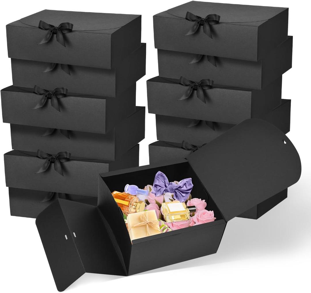 WLUSEAXI 12Pack Gift Boxes, 10x10x4 Inches Bridesmaid Proposal Box, Black Boxes For Gifts, Paper Gift Box With Ribbon For Presents, Wedding, Bridal Shower, Baby ShowerBirthday PartyGraduation