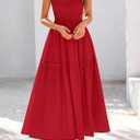 KIRUNDO Smocked Summer Dresses for Women 2025 Wedding Guest Midi Flowy Ruffle Short Sleeve Square Neck Tiered Sundress (Red, L)