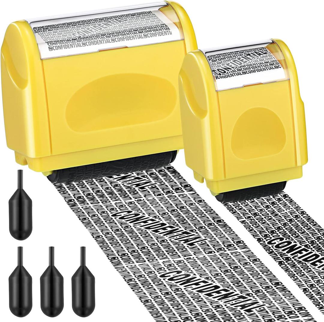 Nezyo 2 Pack Identity Protection Roller Stamp Identity Theft, Confidential, Privacy Roller Stamp Information Blocker and 4 Pack Refill Ink for ID Account Data Address Security(Yellow)