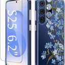 GVIEWIN Compatible with Samsung Galaxy S25 Case, Clear Floral Slim Shockproof Protective Women Phone Case, Non-Yellowing, with Screen Protector & Camera Lens Protector 6.2", Aconite/Blue
