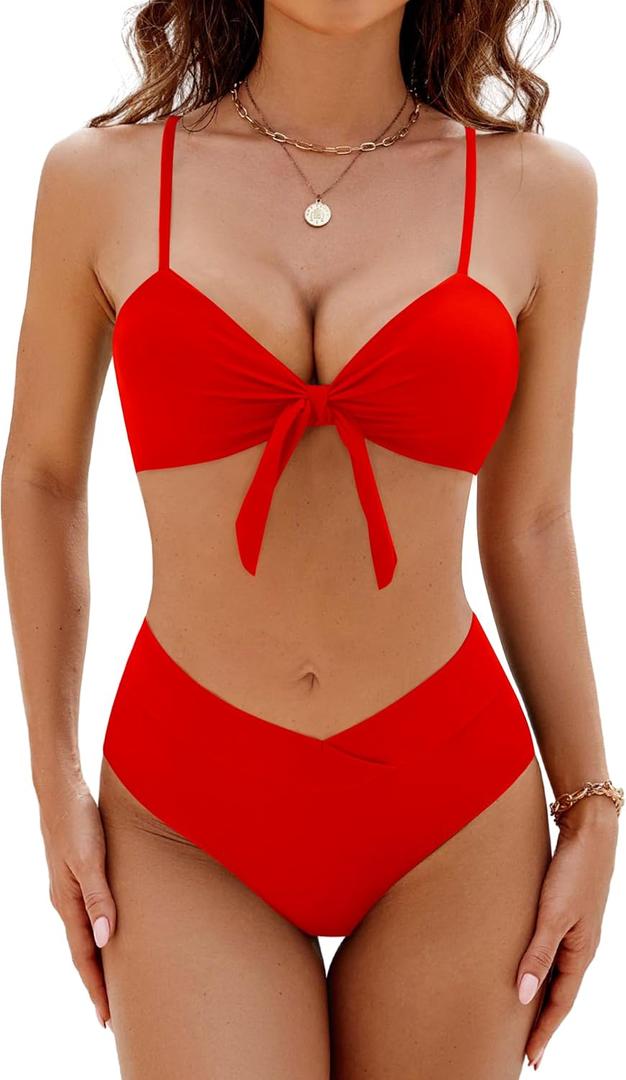 Blooming Jelly Women's High Waisted Bikini Sets Two Piece Swimsuit Sexy Bathing Suits (Medium, Red)