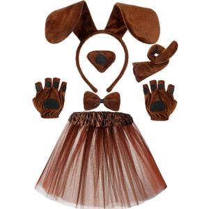 Zhanmai Puppy Dog Tutu Skirt Animal Costume Set Puppy Ears Headband Bow Tie Paw Gloves Tutu Skirt for Carnival Party(Classic Style,Dark Brown)