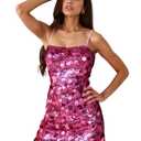 Zeflows Womens Sequin Square Neck Homecoming Dresses for Teens Sparkly Spaghetti Straps Backless Cocktail Mini Dresses, Hot Pink-M (Pink, M)