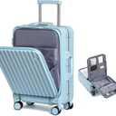 Somago Carry on Luggage Front Open 22x14x9 Airline Approved Lightweight Suitcase with Cup Holder and USB Port Aluminum Frame Polycarbonate Spinner Hard Suitcase with TSA Lock (Light Blue)
