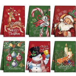 Hosuly 6 Pcs Vintage Christmas Kitchen Towels Red and Green Christmas Hand Towels Xmas Santa Elk Snowman Candy Dish Towels Christmas Decorative Tea Towel Housewarming Gifts for Kitchen Holiday Xmas