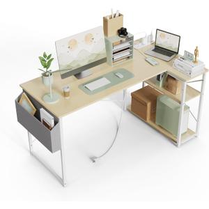TIQLAB L-Shaped Computer Desk with Power Outlets - Reversible Shelves, 47 Inch Gaming & Study Desk in Beige