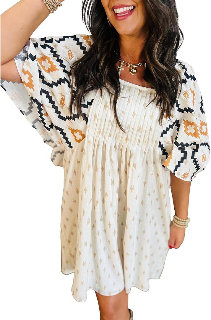 SELINK Womens A-Line Summer Flowy Pleated Casual Dresses Short Sleeve Square Neck Western Aztec (White)