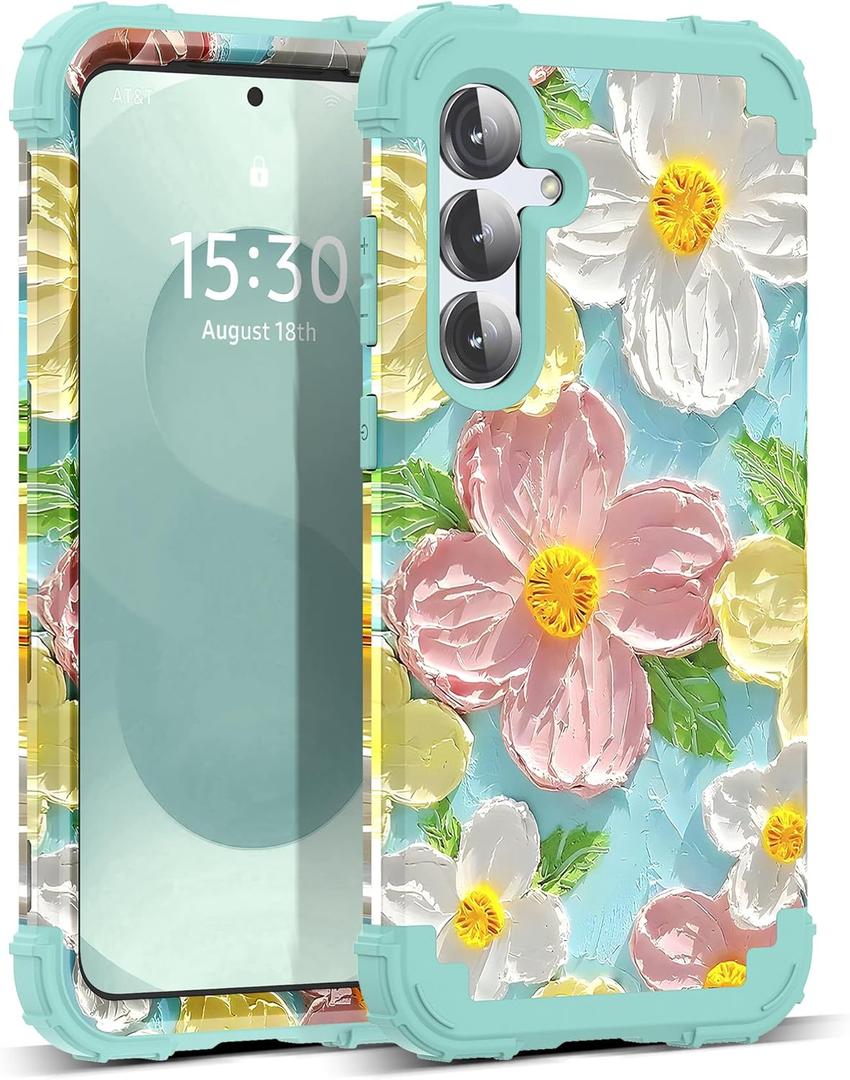 for Galaxy S25 5G Case,3 in 1 Oil Painting Flower Pattern Heavy Duty Shockproof Protection Silicone Rubber Bumper+Hard Plastic Protective Cover for Samsung Galaxy S25,Green Flower