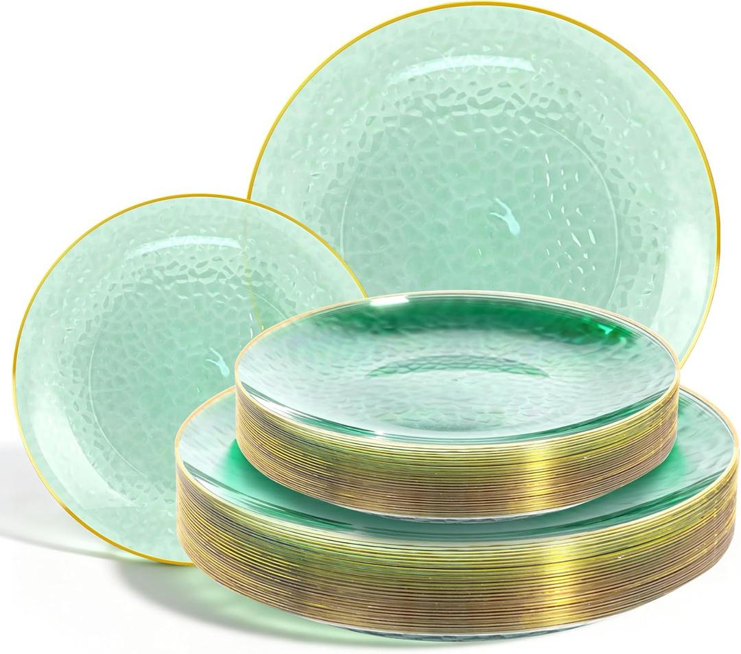 Lullaby 60pcs Green Plastic Plates with Gold Rim, Includes 30pcs Dinner Plate 10'' and 30pcs Clear Dessert Plate 7.5'', Green Disposable Plastic Plates for Parties, Birthdays and Wedding