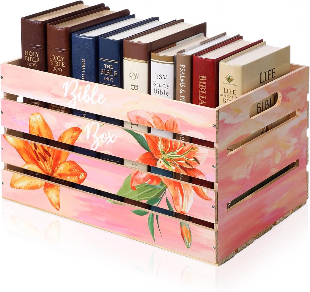 Novabright Christian Bible Basket Large Religious Pink Wooden Bible Verse Book Storage Bin with Consider The Lilies Christian Gifts for Women Book Lover Teacher Reading Club Back to School Supplies