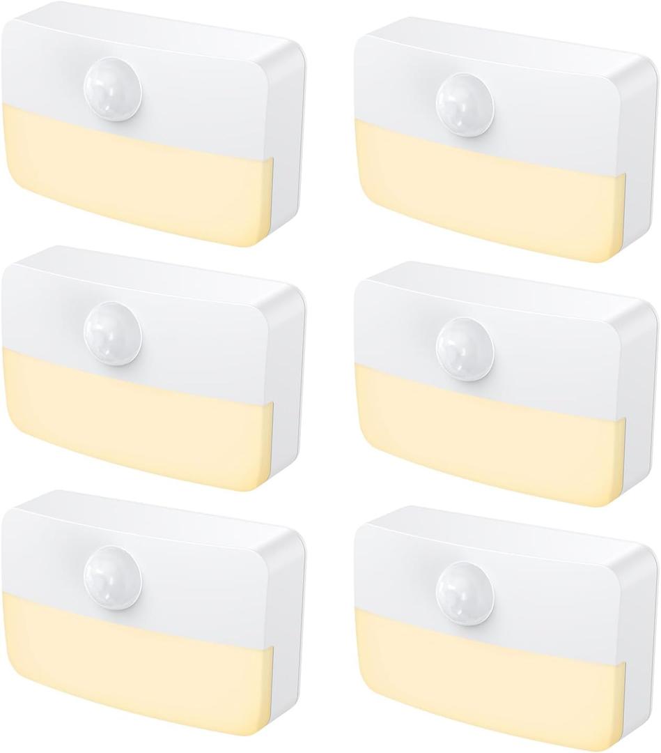 6 PackMotion Sensor Night Light, Stick-On Motion Sensor Lights Indoor, Battery Powered Under Cabinet Kitchen Lights with Adhesive Pads, Auto/On/Off for Cupboard Wardrobe Stair Kitchen Warm White