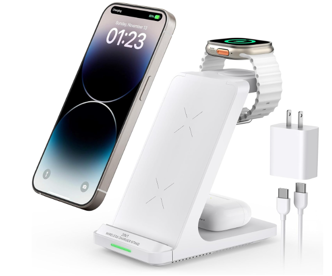 Wireless Charging Station, 3 in 1 Fast Wireless Charger Stand for Multiple Devices Apple Watch Ultra Series 11 10 9 8 7 6 SE 5 4 3 2, iPhone 17 16 15 14 13 12 11 Pro Max/Plus/Air/X/XS/XR/SE, Airpods