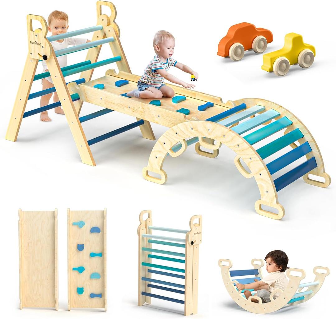 BlueWood Pikler Triangle Set 7in1 Foldable Baby Climbing Toys Wooden Montessori Climbing Set with Arch&Ramp&Ladder Baby Climber Indoor Jungle Gyms for Toddlers Montessori Toys - Sky Blue