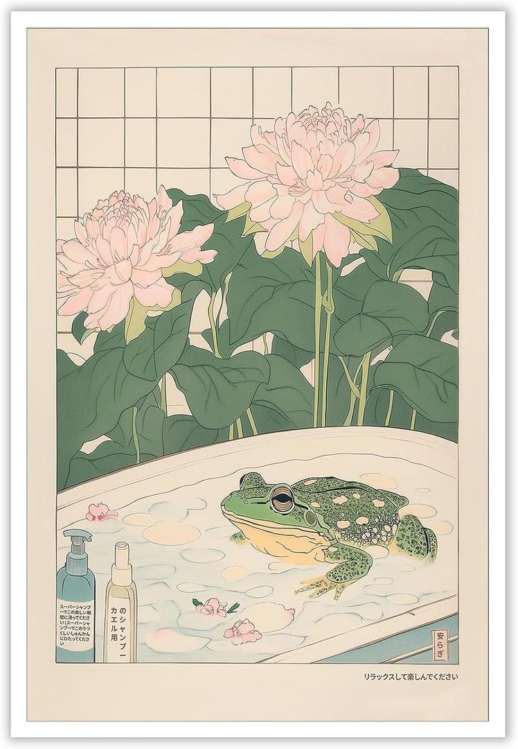 Japanese Frog In Bathtub Wall Art Bathroom Green Animal Frog Canvas Posters Japan Art Neutral Minimalist Aesthetic Prints Painting For Living Room Bedroom Wall Decor 12x16in Unframed (Multi 08)