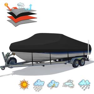 Heavy Duty 1200D PU Waterproof Boat Cover, 17'- 19' Trailerable Marine Grade Polyester Canvas, Fits 17-19ft V-Hull, Bass Boat, Runabout, Ski, Fishing Boat with Tightening Strap, Black