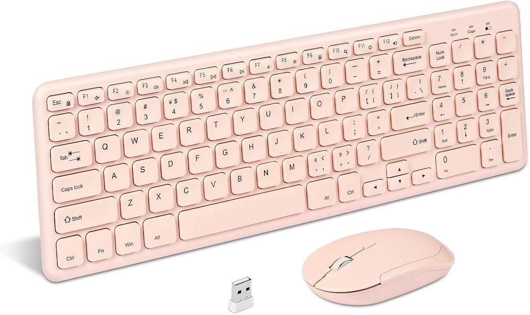 HW156 2.4GHz Wireless Keyboard and Mouse Set, 96 Keys Full-Size Ultra Thin Silent Lightweight, Shared USB Receiver, Optical Mouse Combo for Laptop PC Desktops Computer/Windows/Mac/iMac (Pink)