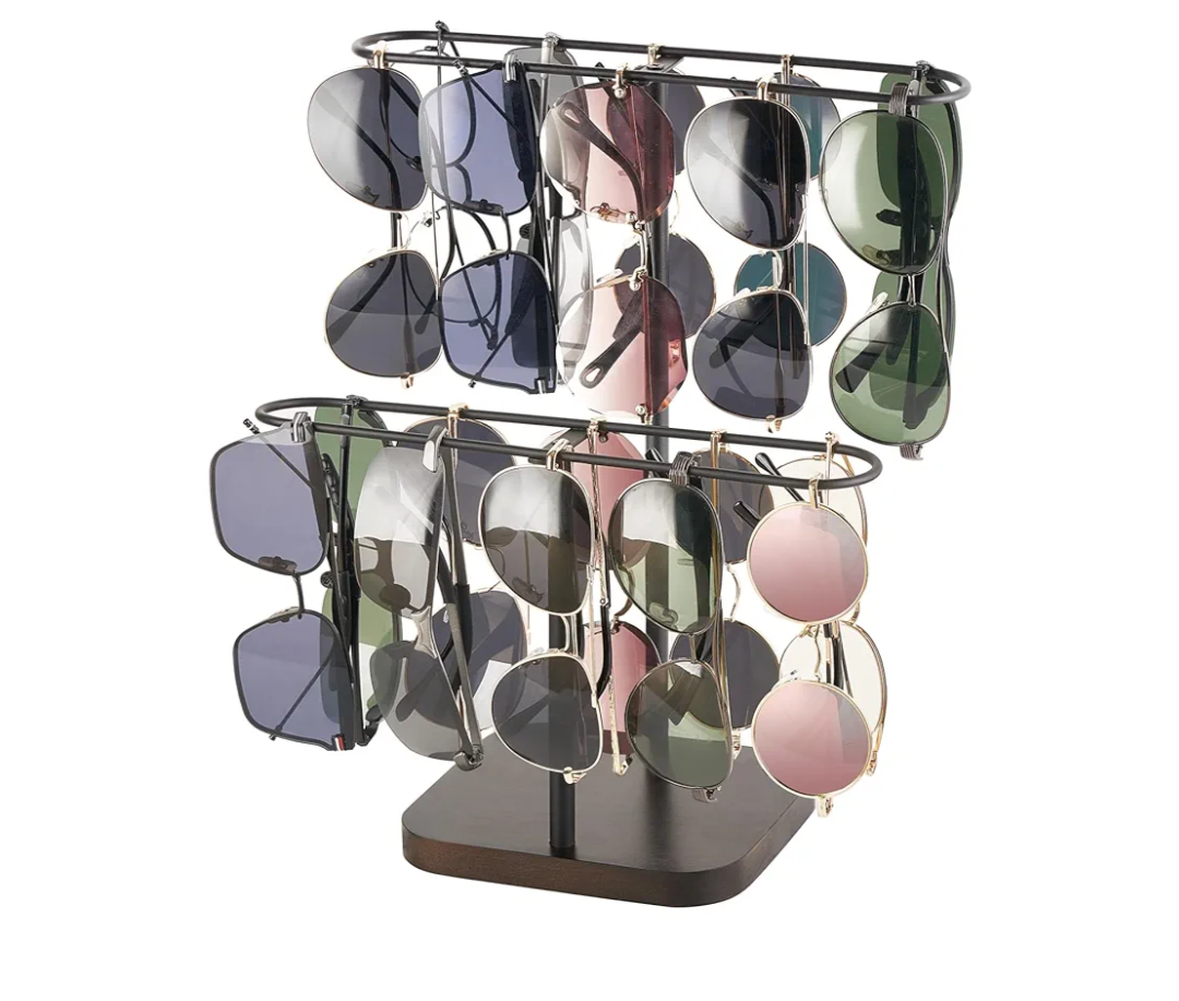 Mkono Sunglasses Organizer Glasses Holder Stand for 24 Pairs of Eyewear, 2 Tier Sunglass Storage Eyeglasses Display Rack Metal Frame with Wood Base for Table Desk Countertop Dresser Bedroom, Black