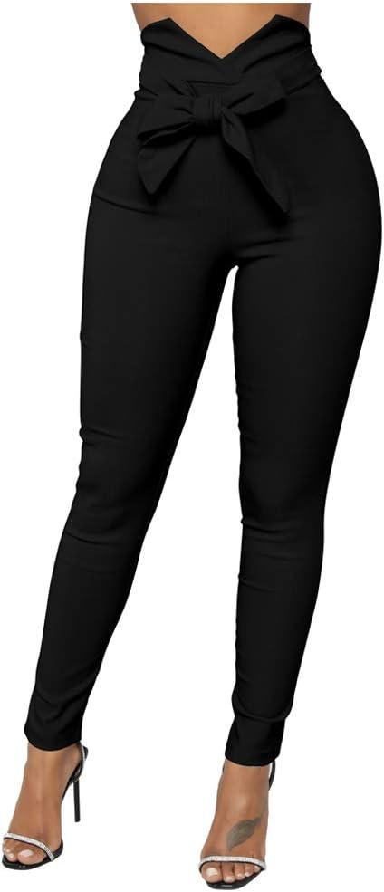XXTAXN Women's Casual High Waist Stretch Trousers Solid Pencil Pants with Tie (S)