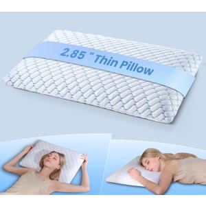2.85" Ultra Thin Memory Foam Pillow with Cool-to-Touch Cover, Low Profile Flat Bed Pillow for Back & Stomach Sleepers, Standard Size