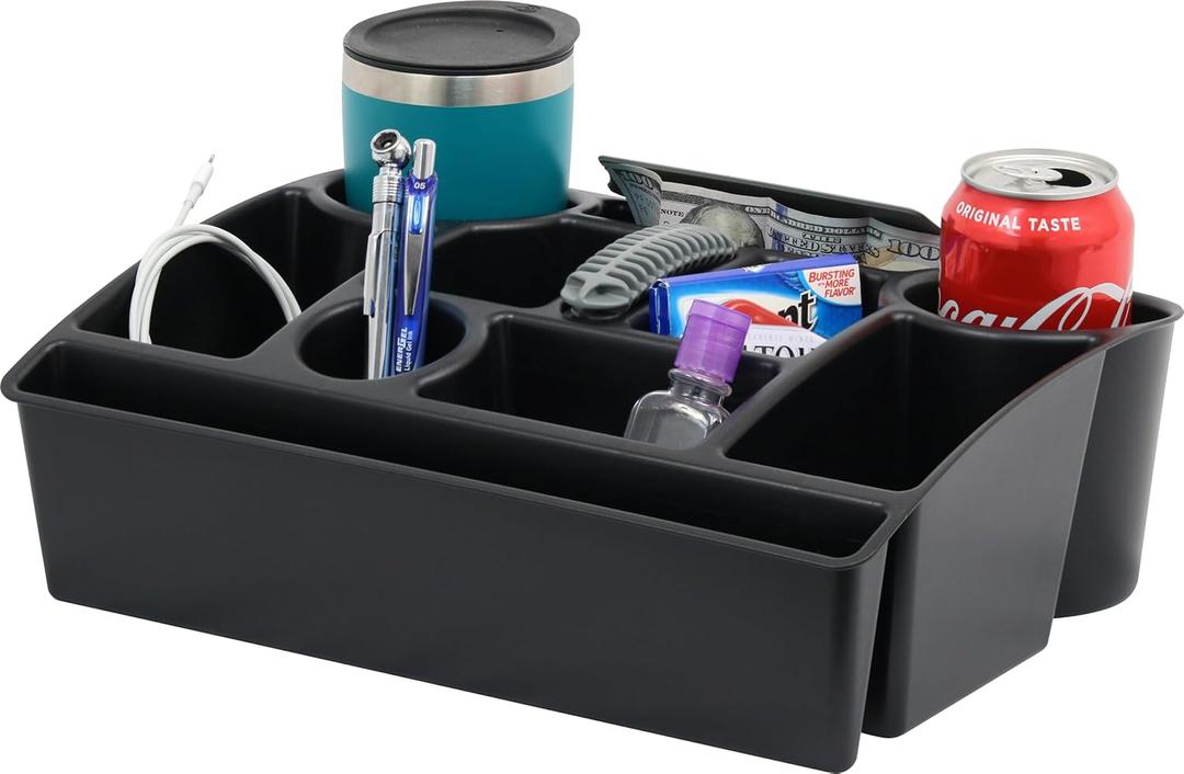 Vehicle Seat Organizer Car Storage Caddy with Carrying Handle, 2 Large Cup Holders, 10 Compartments, Hidden Extra Storage, Fits Most Vehicles, Made in USA from Recycled Plastic