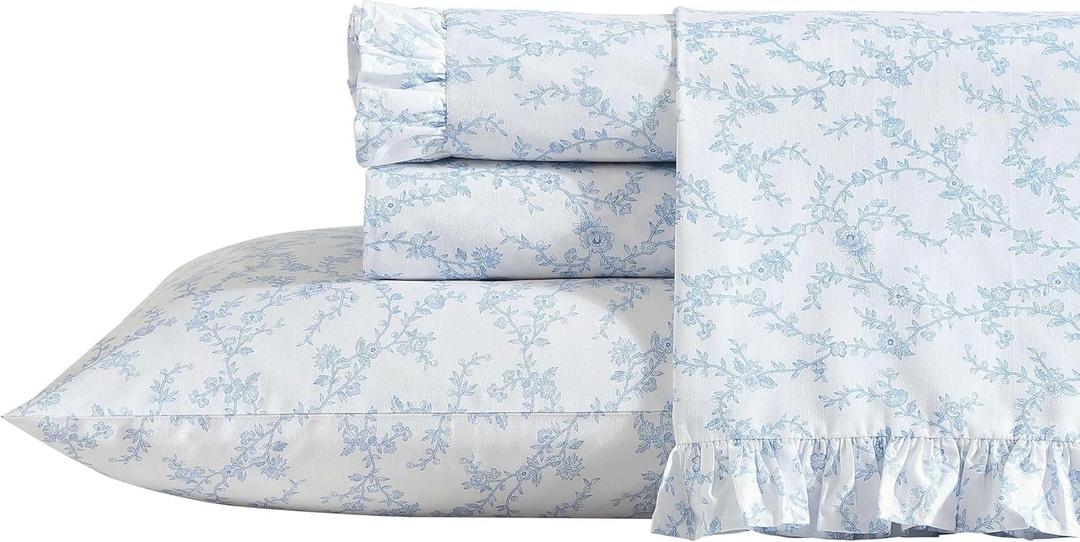 Laura Ashley - Full Sheet Set, Breathable Percale Cotton Bedding, 200 Thread Count, Floral Home Decor (Victoria Blue, Full)
