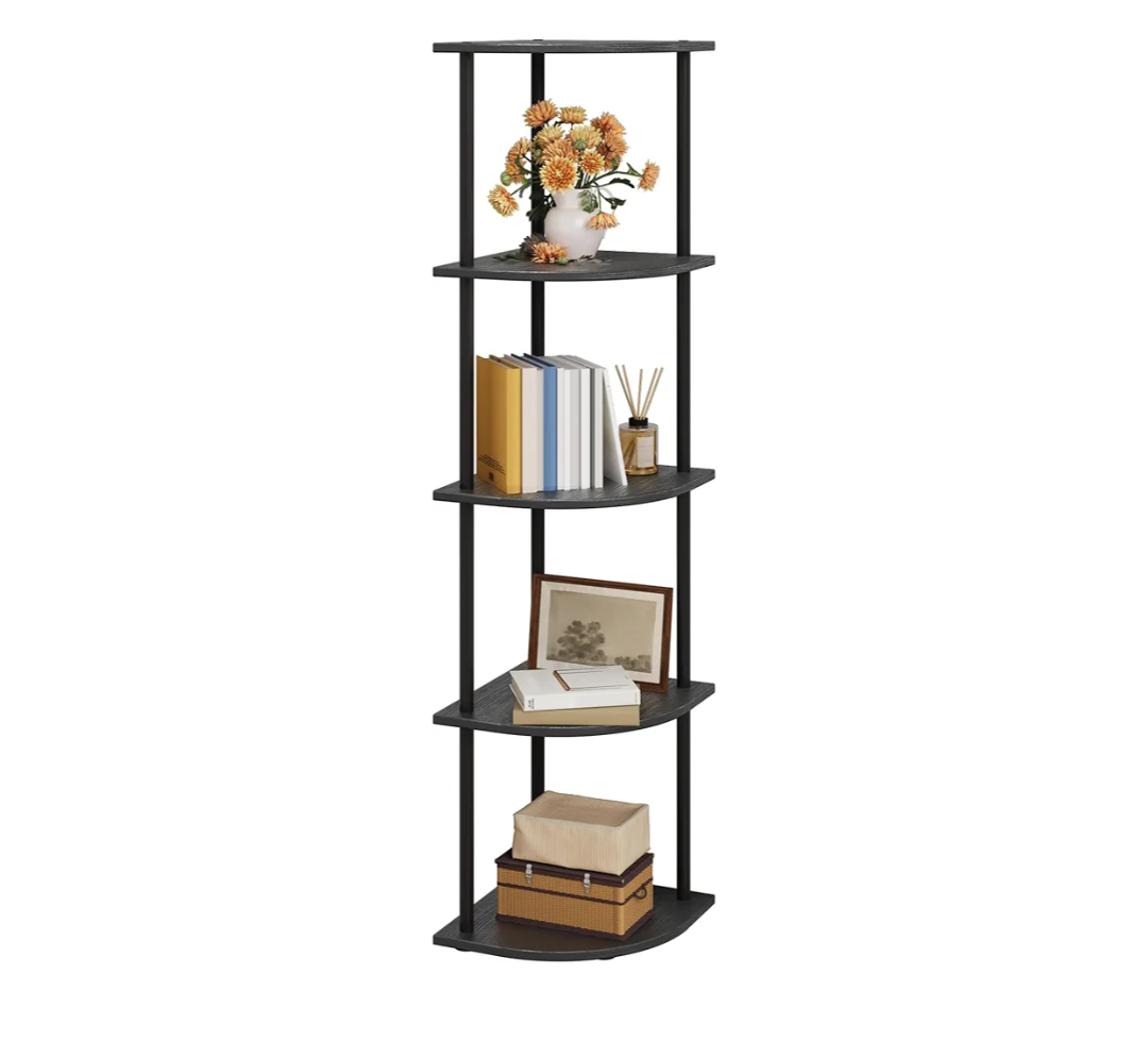 Corner Shelf - 5-Tier Corner Bookshelf with Wall Anchors & Non-Slip Feet, Corner Shelves with Rustproof Metal Frame for Bedroom, Living Room, Home Office, 11.6"×11.6"×56.2", Black
