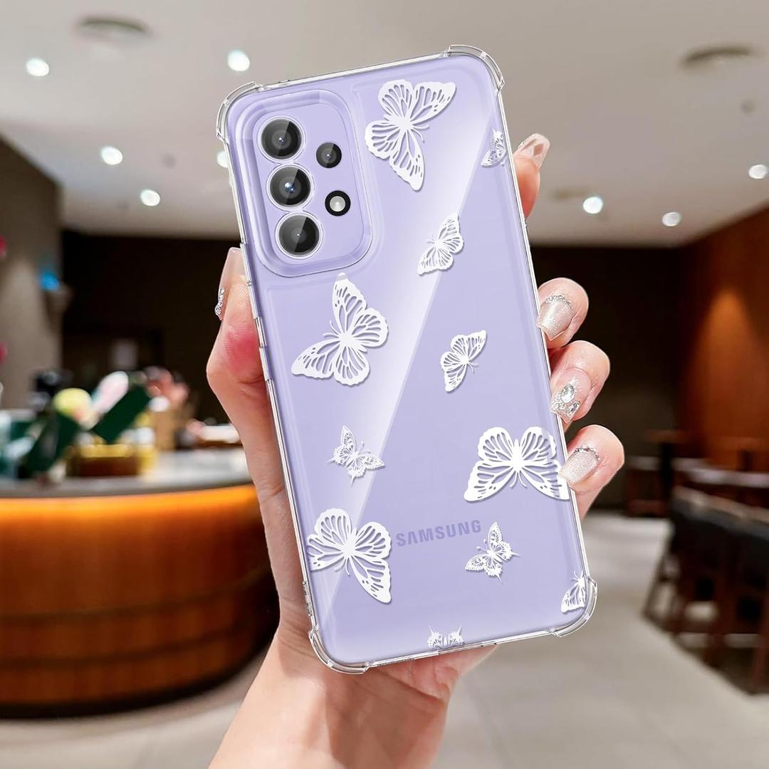 2 x Clear Case Compatible with Samsung Galaxy A53 5G, Cute Butterfly Print Protective Cover for Girls Women, Slim Soft TPU Four Corners Shockproof Case for Samsung A53 - White Butterfly