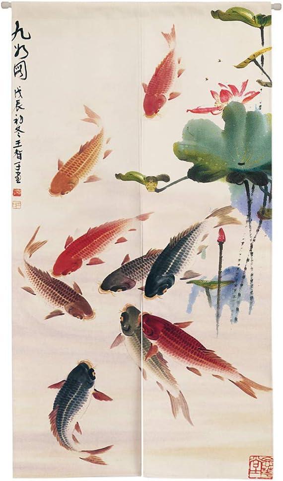 Ofat Home Chinese Ink Painting Koi Fish & Lotus Doorway Curtain Japanese Noren Lightweight Decorative Curtain for Apartment & Closet, 33.5" x 59"